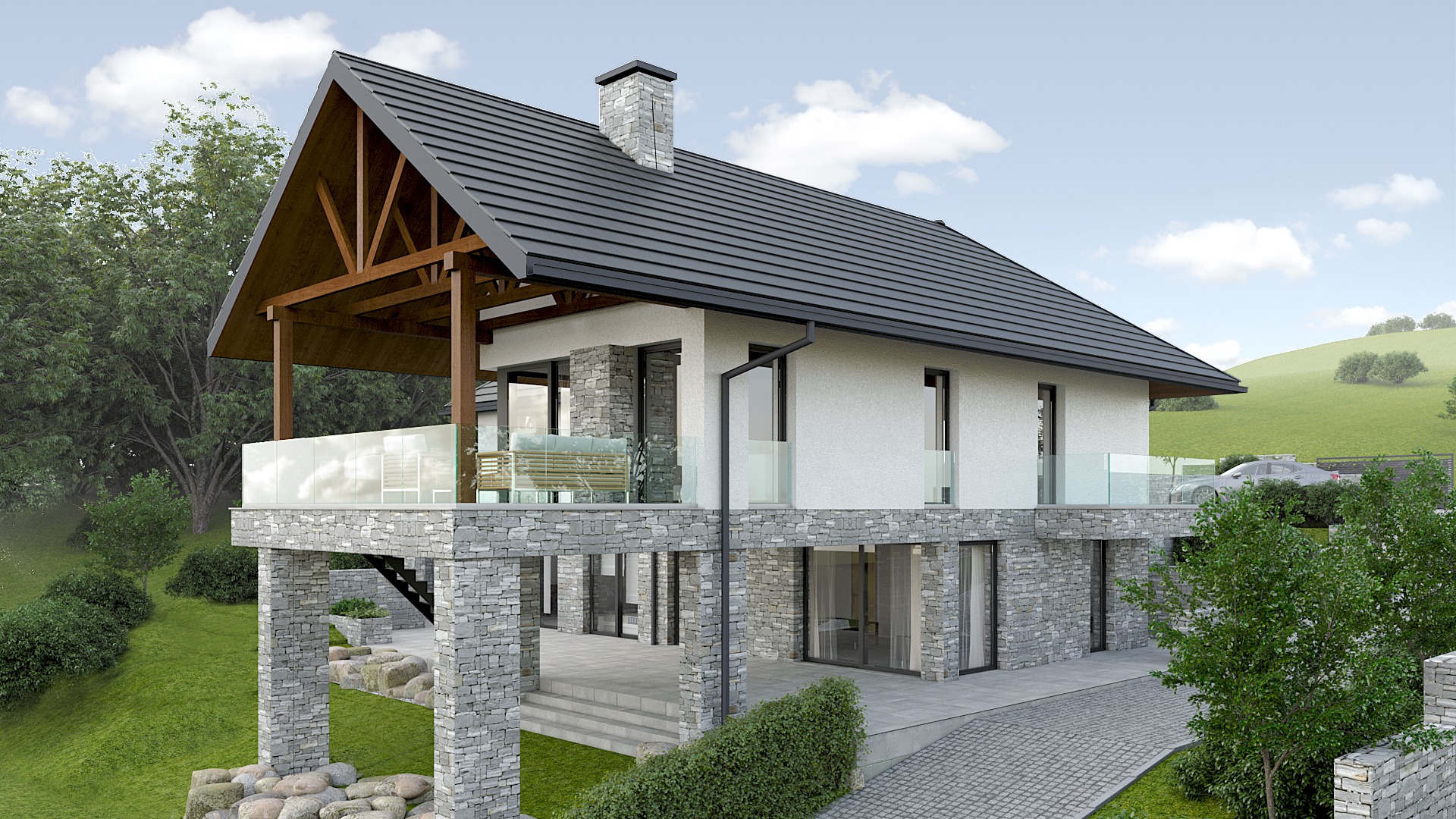 Wizualizacja dwukondygnacyjnego domu z elementami kamiennymi, zadaszonym tarasem z drewnianą konstrukcją, szarą dachówką i jasną elewacją na tle zielonego krajobrazu.