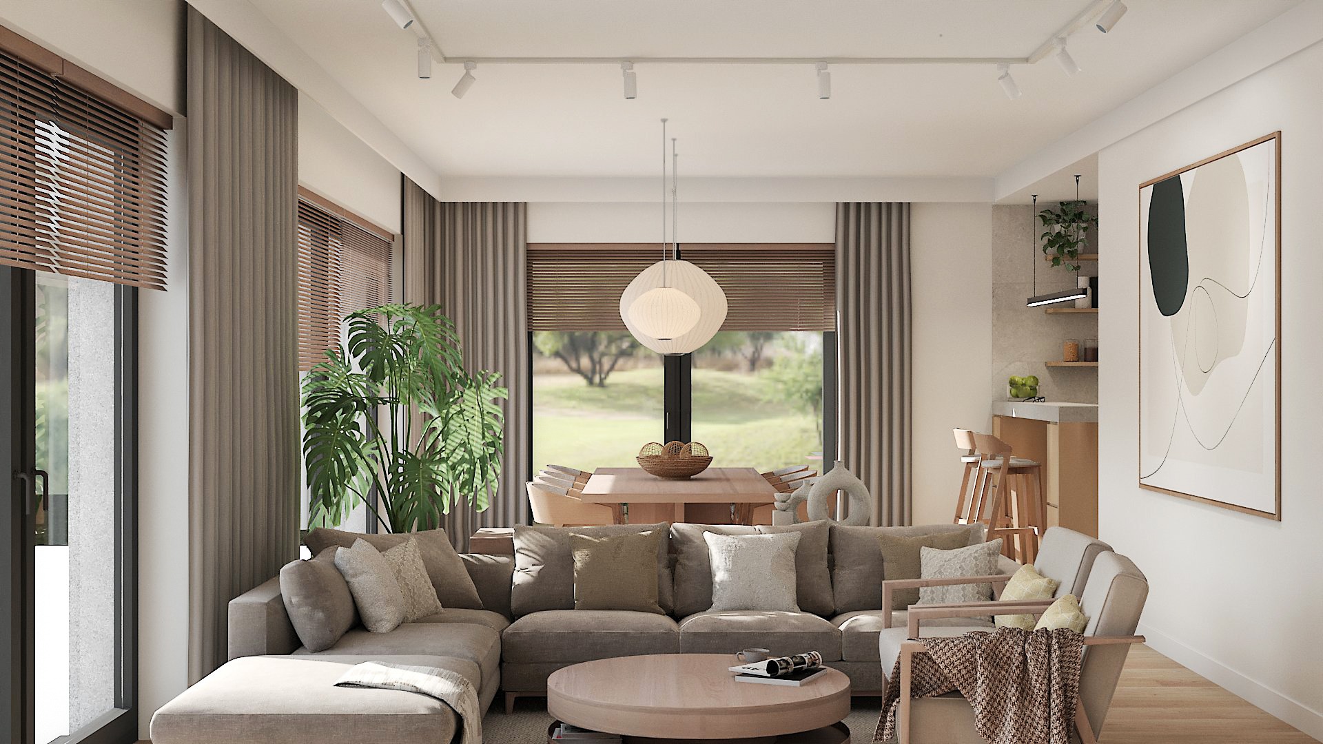 Jasne, przestronne wnętrze salonu z jadalnią, sofa narożna z poduszkami, okrągły stolik kawowy z książkami, drewniany stół jadalny z widokiem na ogród przez okno z żaluzjami, nowoczesna lampa...