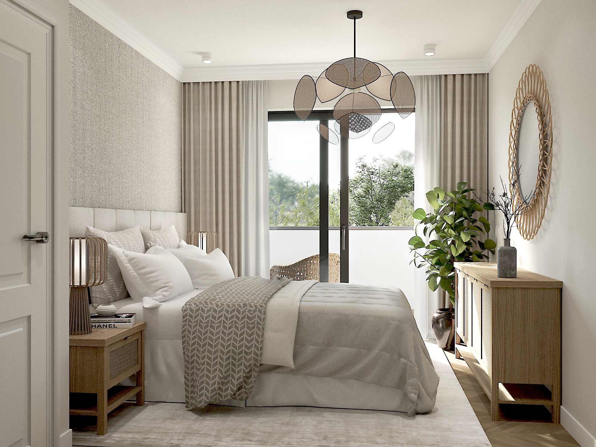 Jasna sypialnia z łóżkiem, drewnianą szafką nocną, lampką z ażurowym abażurem, dywanem i dużym oknem balkonowym z widokiem na zieleń.