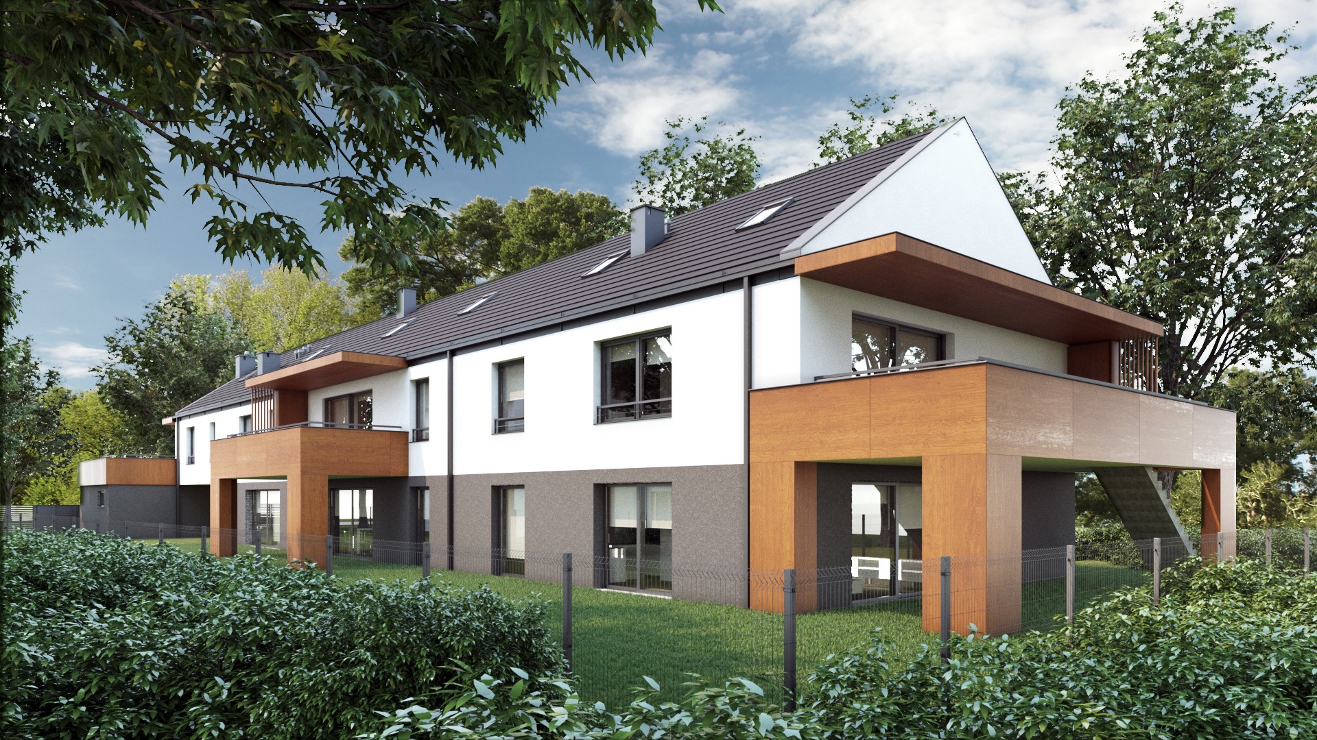 Wizualizacja szeregu nowoczesnych budynków usługowych z balkonami wykończonymi drewnem, otoczonych zielenią i ogrodzeniem z siatki.