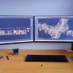 Dwa monitory wyświetlające schematy instalacji; na biurku kalkulator, pieczątka Trodat, klawiatura i myszka.