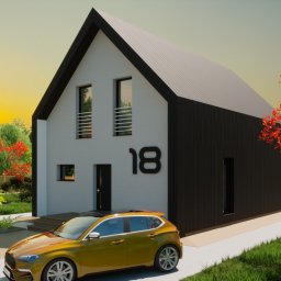 Coloseum Pro sp. z o.o. - Wizualizacja nowoczesnego domu o prostej bryle, z białą elewacją i czarnymi elementami wykończeniowymi, numer domu '18' umieszczony na ścianie, z żółtym samochodem zaparkowanym przed wejściem...