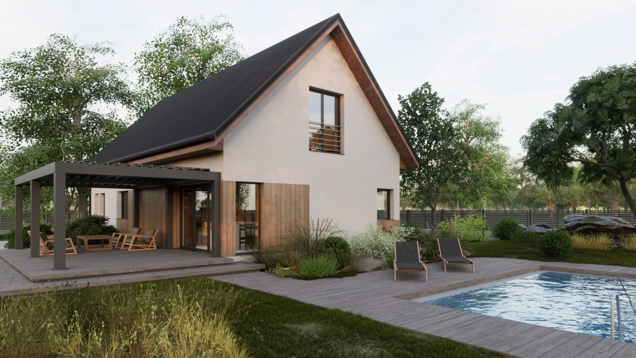 Nowoczesny dom jednorodzinny z czarnym dachem dwuspadowym, jasną elewacją i drewnianymi akcentami, otoczony ogrodem z basenem i pergolą z meblami ogrodowymi.