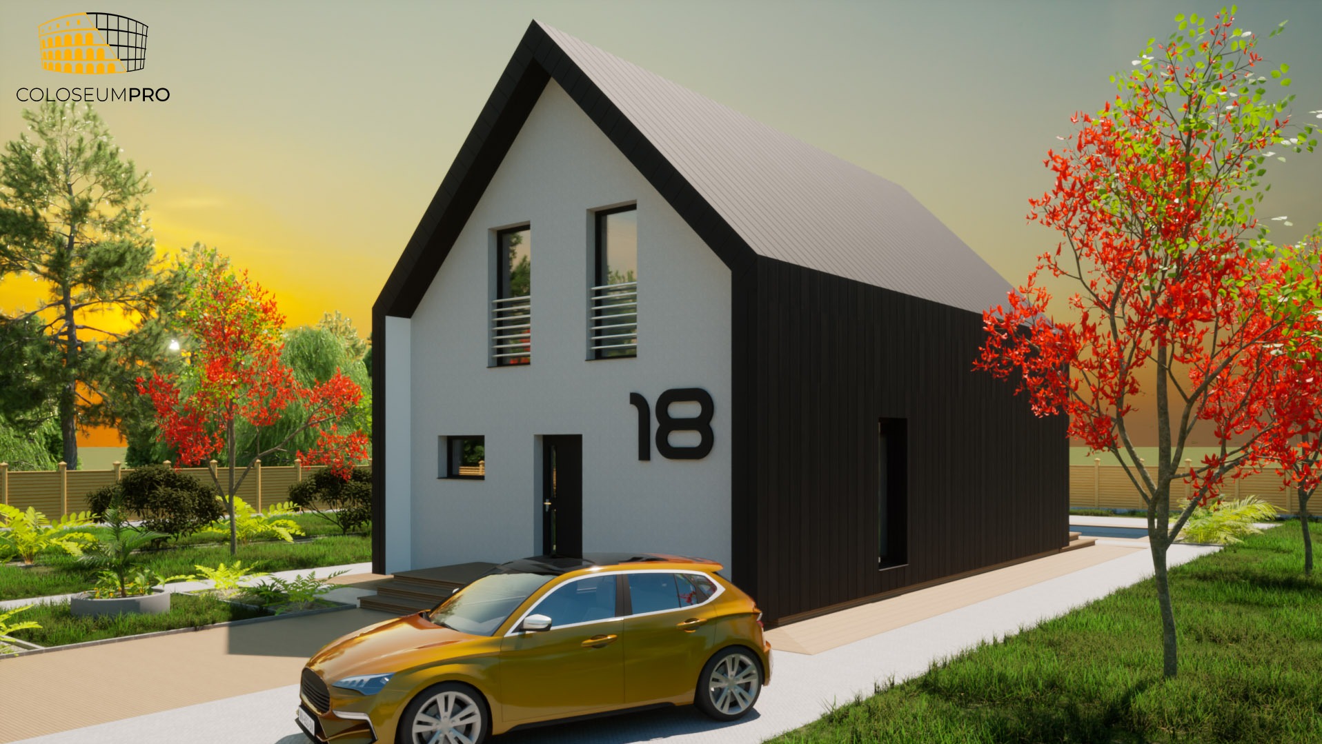 Wizualizacja nowoczesnego domu o prostej bryle, z białą elewacją i czarnymi elementami wykończeniowymi, numer domu '18' umieszczony na ścianie, z żółtym samochodem zaparkowanym przed wejściem...