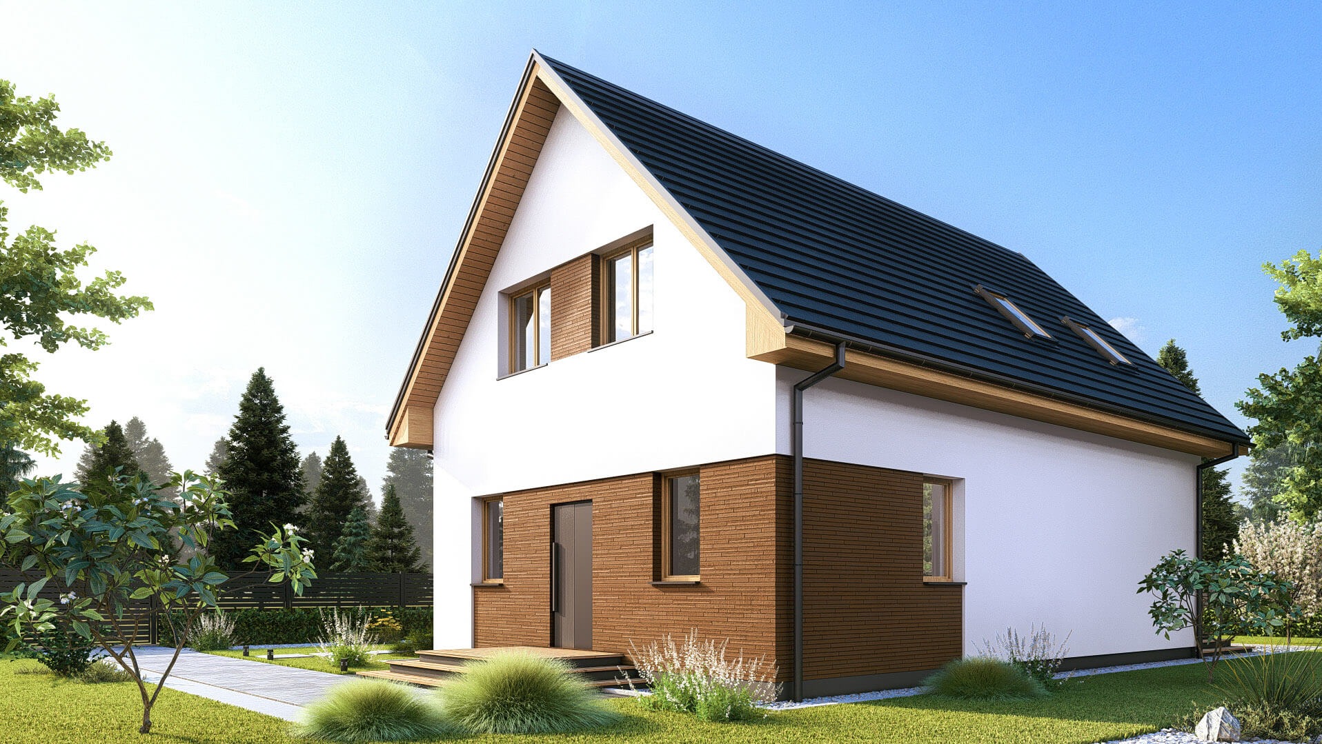 Wizualizacja domu jednorodzinnego z dwuspadowym dachem pokrytym czarną dachówką, z fragmentem elewacji wykończonym cegłą klinkierową i białymi ścianami, otoczonego zielenią.