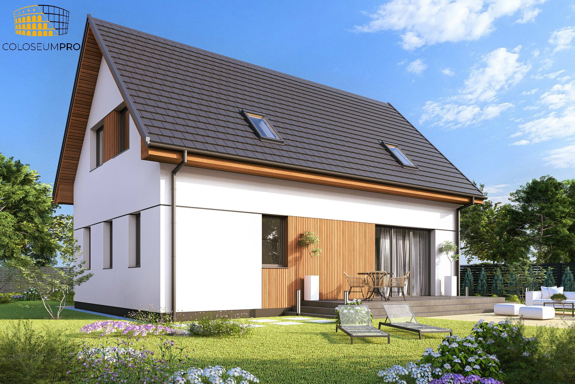 Wizualizacja domu jednorodzinnego z białymi ścianami, drewnianą elewacją i ciemną dachówką, widok z ogrodu z leżakami i meblami ogrodowymi, logo firmy COLOSSEUMPRO w lewym górnym rogu.