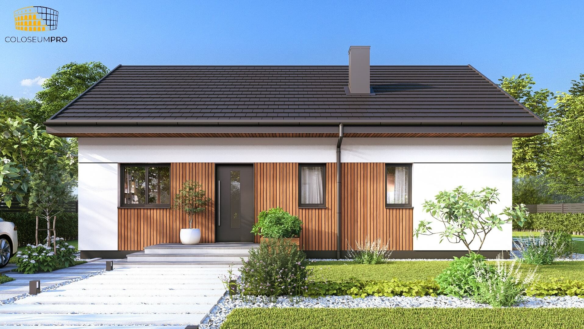 Nowoczesny parterowy dom z drewnianą elewacją, ciemnoszarą dachówką i minimalistycznym ogrodem z białym chodnikiem.