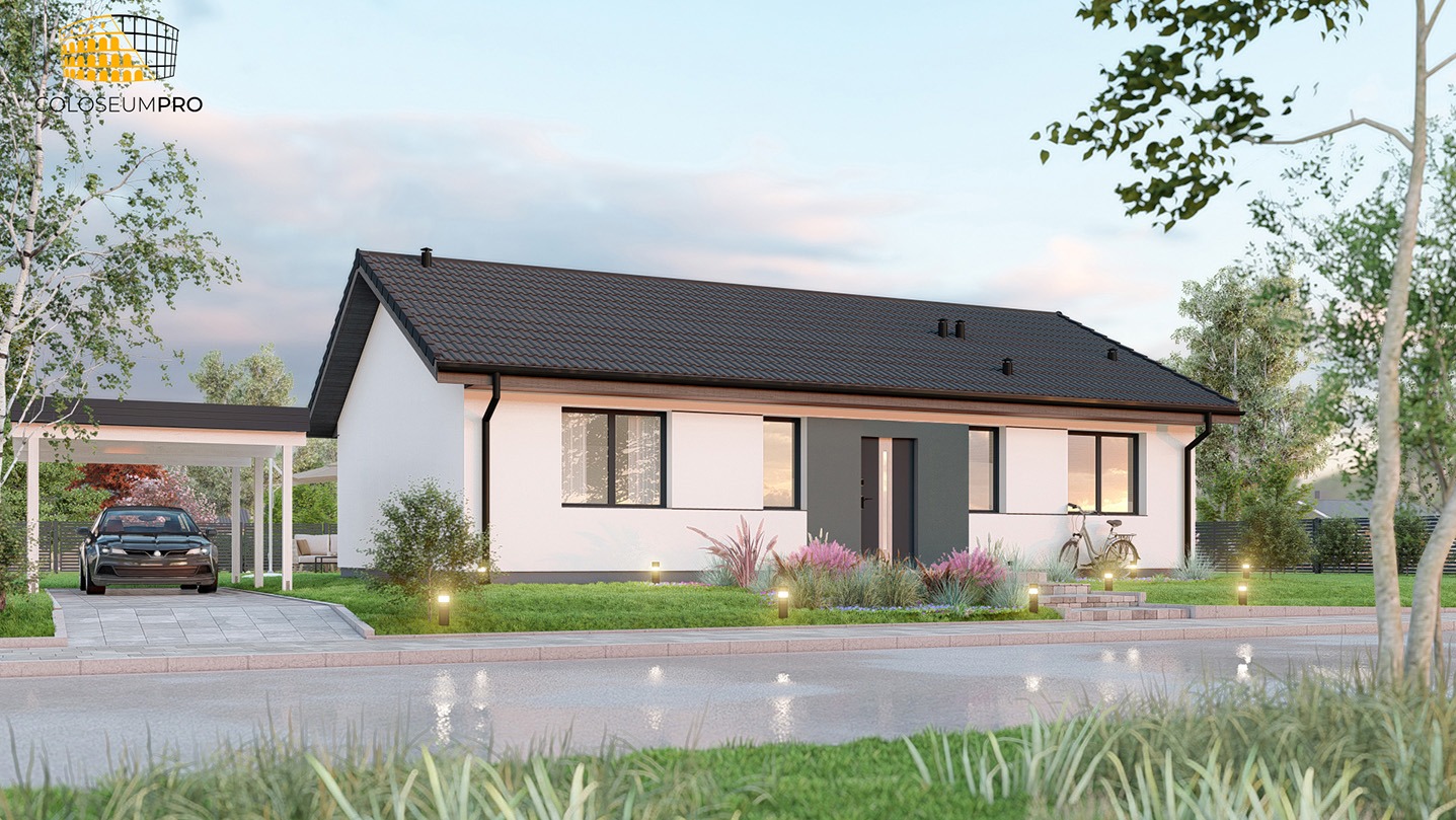 Wizualizacja parterowego domu jednorodzinnego z podjazdem i wiatą garażową w Wałbrzychu, z rowerem opartym o ścianę i oświetleniem zewnętrznym.