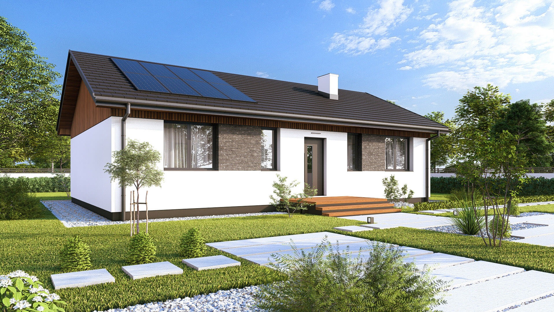 Wizualizacja parterowego domu z panelami słonecznymi na dachu, otoczonego zadbanym ogrodem z kamiennymi ścieżkami i drewnianym tarasem przed wejściem.