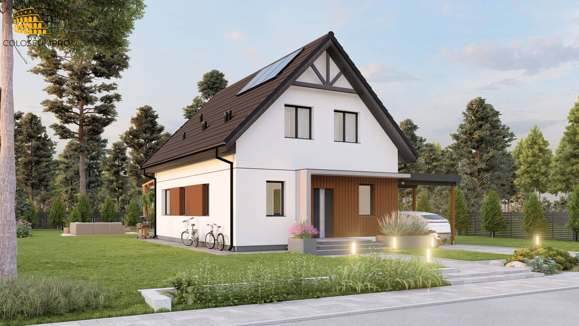 Wizualizacja nowoczesnego domu z dwuspadowym dachem, panelami słonecznymi i wiatą na samochód, otoczonego zielonym ogrodem z rowerami i oświetleniem zewnętrznym.