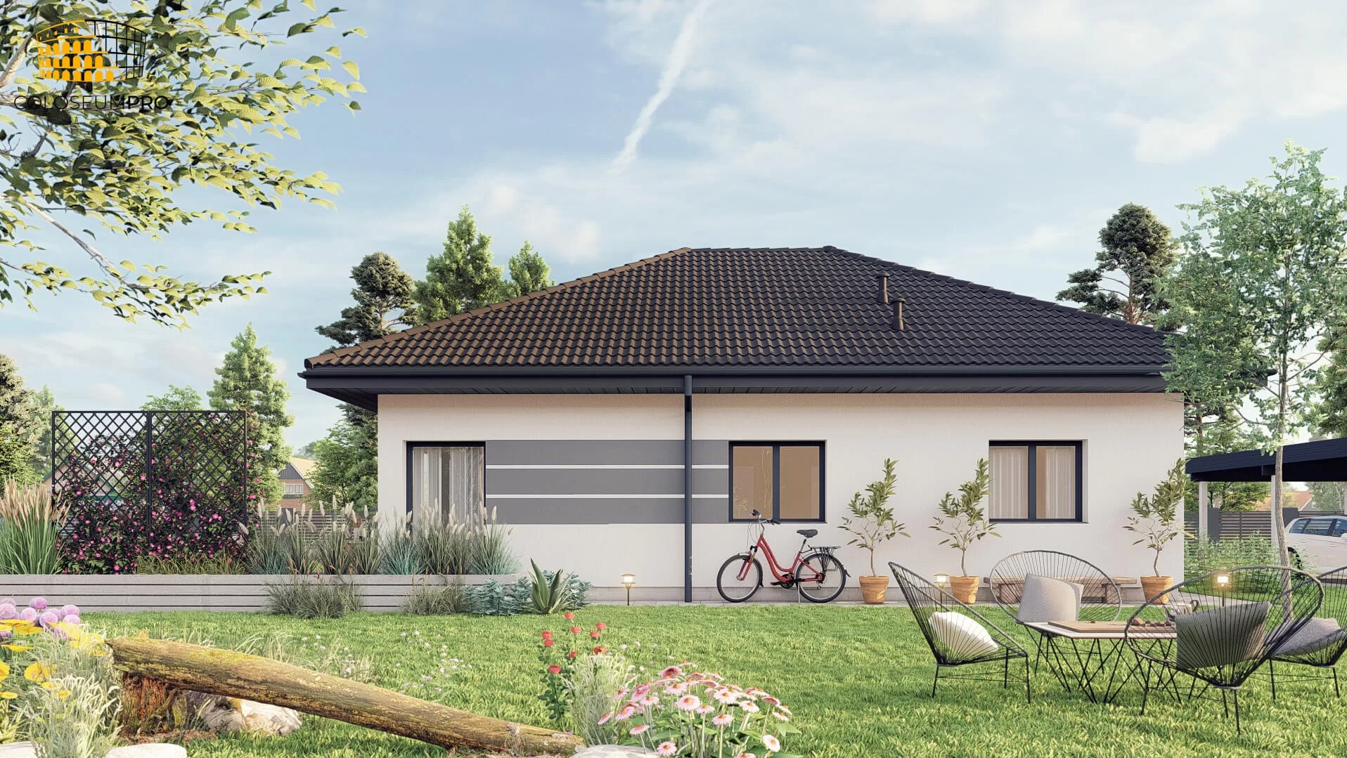 Wizualizacja parterowego domu z ogrodem, biała elewacja z szarymi pasami, ciemna dachówka, czerwony rower oparty o ścianę, meble ogrodowe na trawniku.