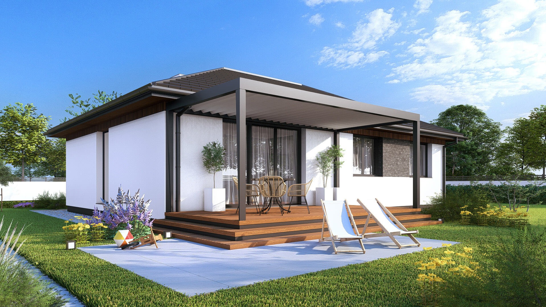 Wizualizacja parterowego domu z białymi ścianami, drewnianym tarasem z pergolą, meblami ogrodowymi i dwoma leżakami na tle zadbanego trawnika i błękitnego nieba.