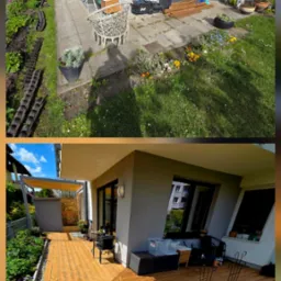 Porównanie: betonowy balkon przed i po montażu drewnianego tarasu z pergolą. Widoczne kwiaty w donicach i meble ogrodowe. Realizacja z dbałością o detale.