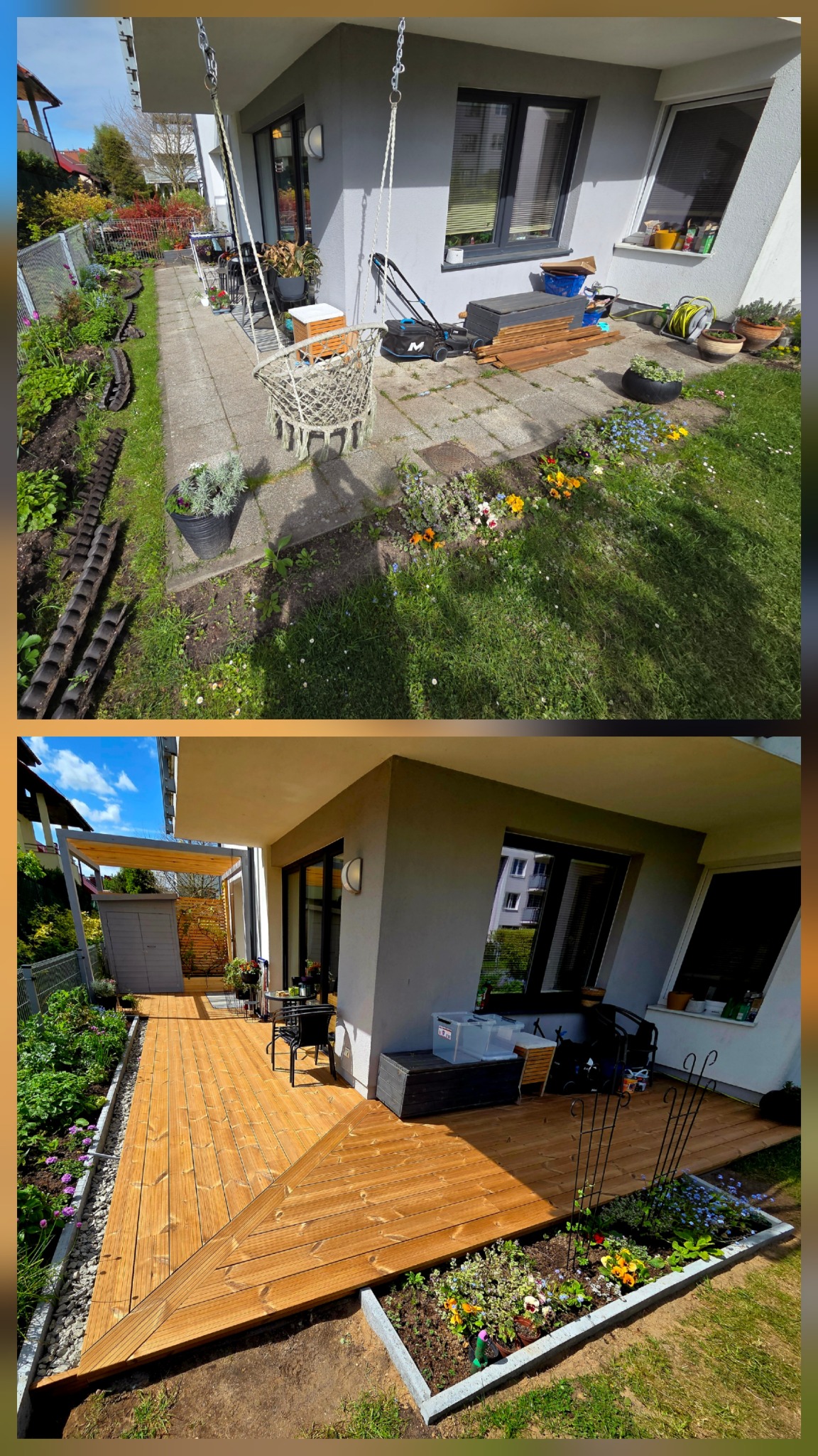 Porównanie: betonowy balkon przed i po montażu drewnianego tarasu z pergolą. Widoczne kwiaty w donicach i meble ogrodowe. Realizacja z dbałością o detale.