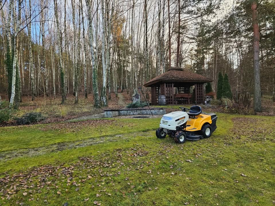 Żółto-biała kosiarka samojezdna Cub Cadet na trawniku z opadłymi liśćmi, w tle drewniana altana i las brzozowy.