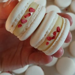 DOMOWA PRACOWNIA CUKIERNICZA WYPIECZONE Natalia Siadul - Dwa białe makaroniki z kremowym nadzieniem i posypką z czerwonych owoców w dłoni, w tle pudełko z innymi makaronikami.