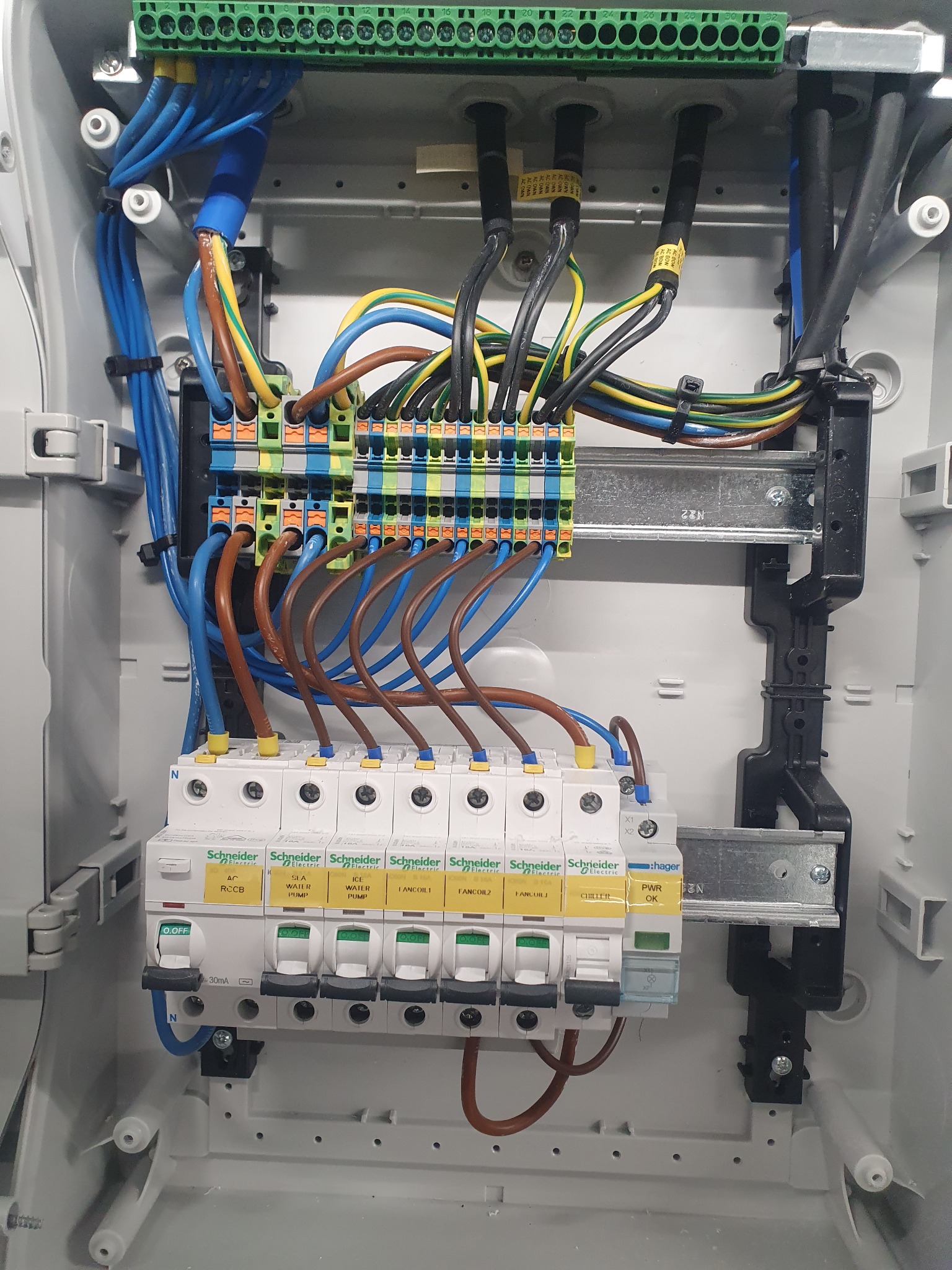 Wnętrze skrzynki elektrycznej z widocznymi bezpiecznikami Schneider i Hager, listwami zaciskowymi i uporządkowanymi kablami w różnych kolorach, przymocowanymi do szyny DIN.