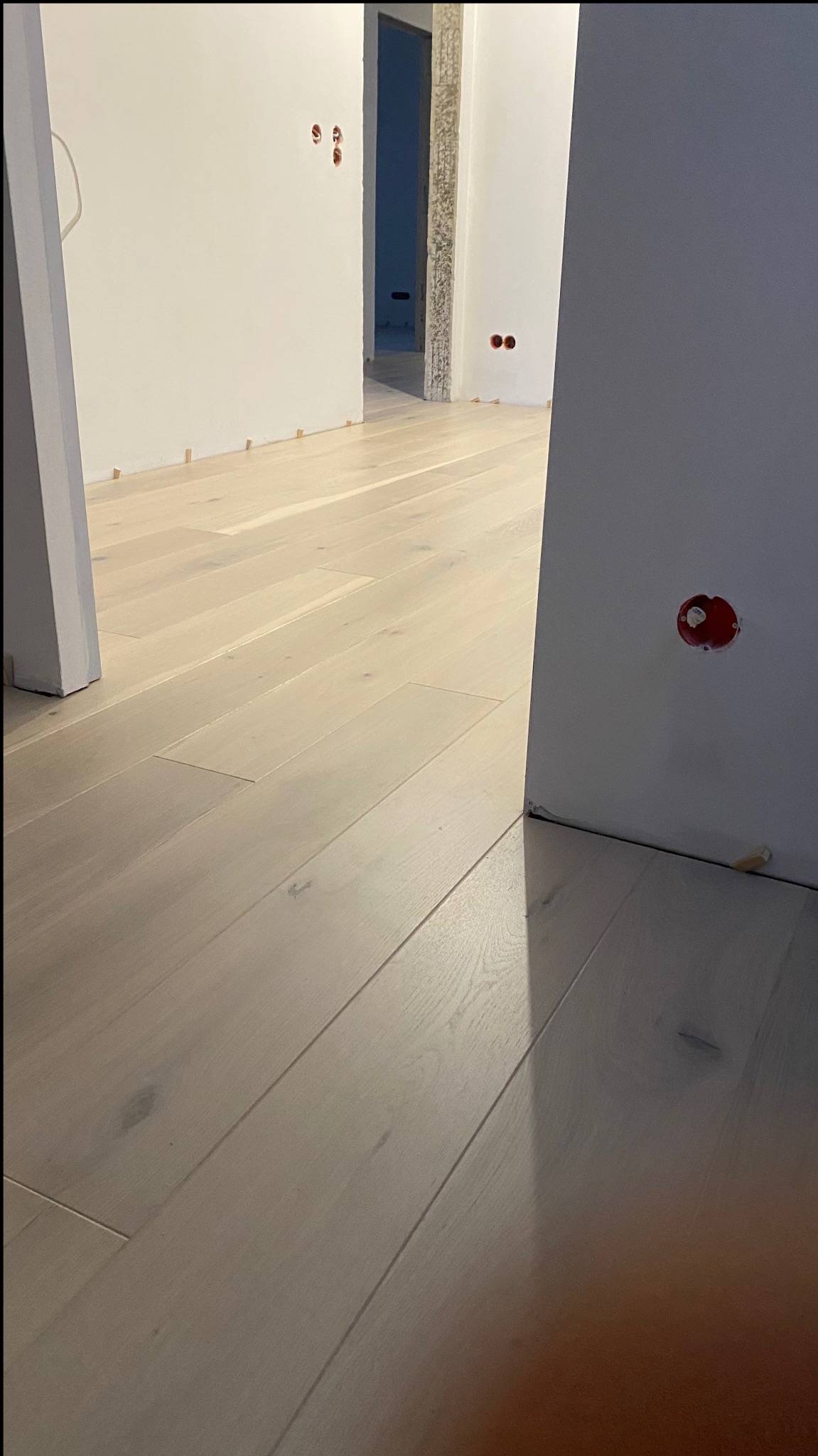 Jasny parkiet ułożony w nowym mieszkaniu, widoczne kołki dystansowe przy ścianie, przygotowane gniazdka elektryczne.