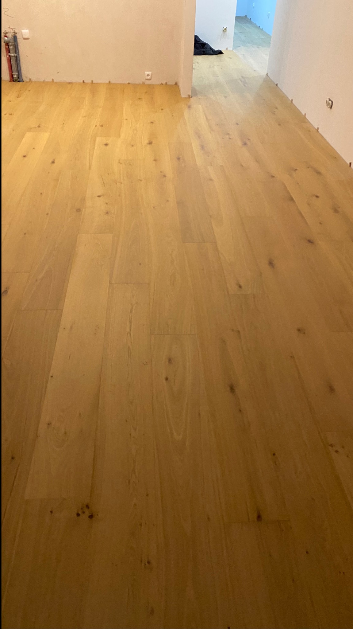 Świeżo ułożony, jasny parkiet z wyraźnym usłojeniem drewna, widoczne listwy dystansowe przy ścianach, w tle fragment pomieszczenia z niebieską podłogą.