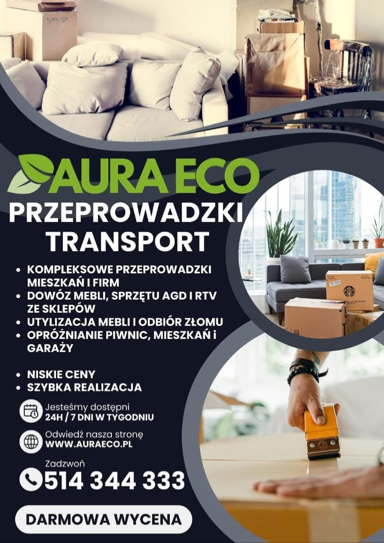 Grafika reklamowa firmy przeprowadzkowej Aura Eco: meble, kartony, pakowanie. Oferta obejmuje kompleksowe przeprowadzki, dowóz mebli i utylizację. Darmowa wycena.