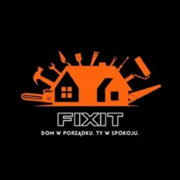 Pomarańczowe logo firmy FIXIT na czarnym tle, przedstawiające sylwetkę domu z narzędziami, takimi jak młotek, piła, pędzel i wałek.
