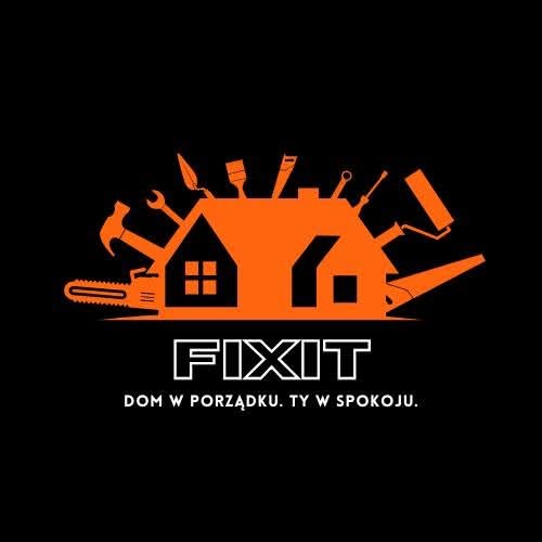 Pomarańczowe logo firmy FIXIT na czarnym tle, przedstawiające sylwetkę domu z narzędziami, takimi jak młotek, piła, pędzel i wałek.