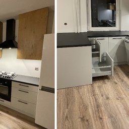 Kuchnia wykonana z płyty Szary 112 PE i Dąb Lancelot PD3023 VT (R20027 RU), blat S63065 VV