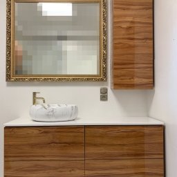 Szafki łazienkowe kolor orzech Marino plus złote dodatki, szuflady z systemem Tip-on