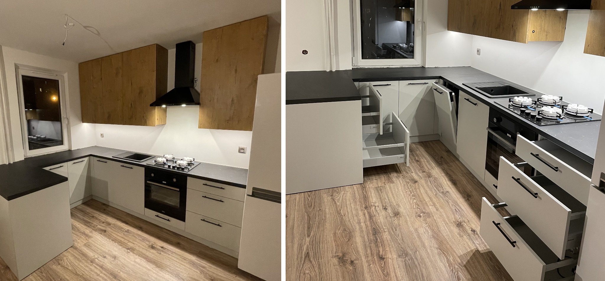 Kuchnia wykonana z płyty Szary 112 PE i Dąb Lancelot PD3023 VT (R20027 RU), blat S63065 VV