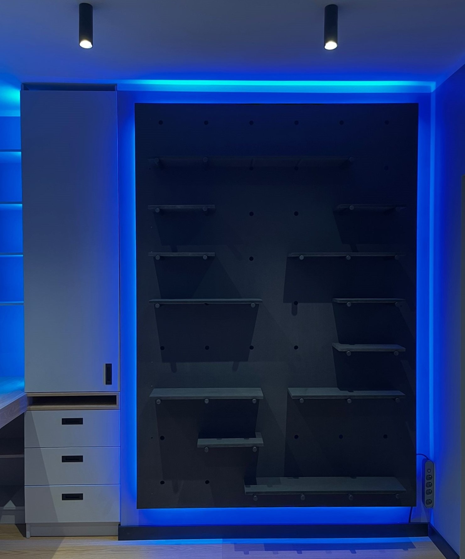 Nietypowa ściana z regulowanymi półkami i podświetleniem LED-RGB