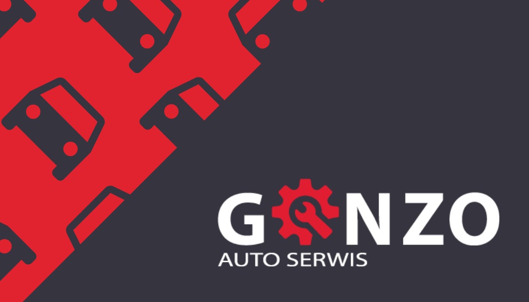 Logo firmy Gonzo Auto Serwis z czerwonym kołem zębatym i kluczem w środku, na szarym tle, z czerwonym wzorem aut w tle.