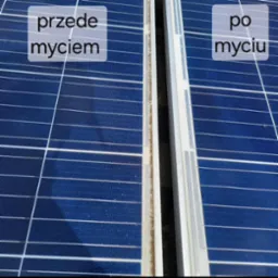Panel słoneczny: lewa strona 'przed myciem' z widocznym brudem, prawa strona 'po myciu' z czystą powierzchnią. Ukazane w zbliżeniu.