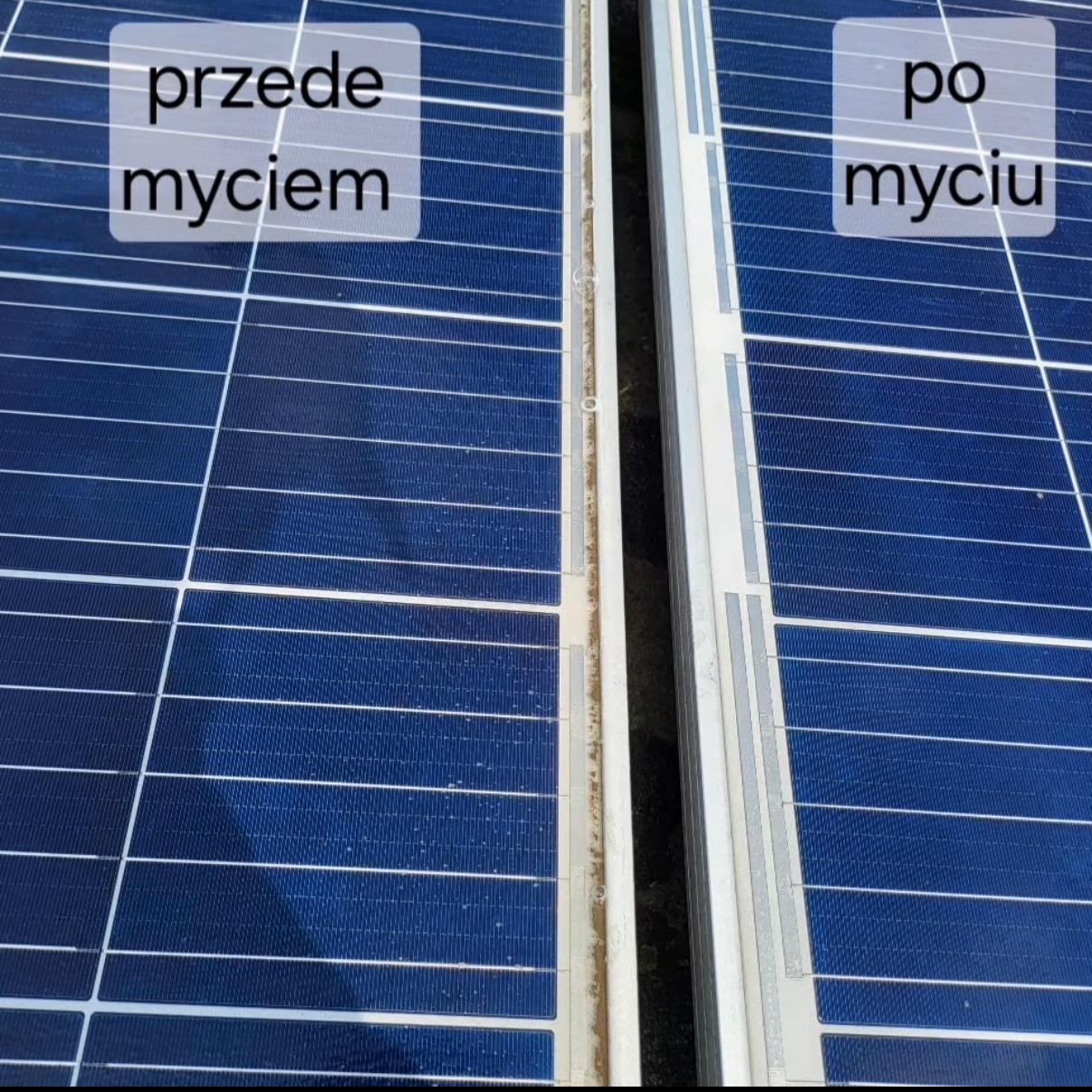 Panel słoneczny: lewa strona 'przed myciem' z widocznym brudem, prawa strona 'po myciu' z czystą powierzchnią. Ukazane w zbliżeniu.