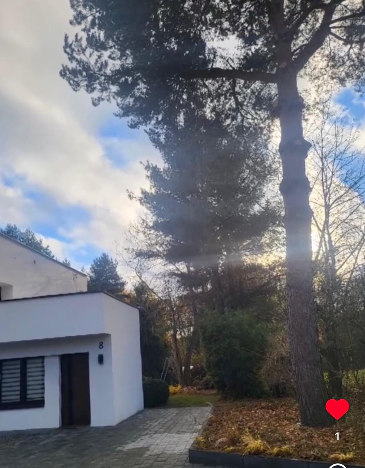 Nowoczesny dom z białymi ścianami i numerem 8, otoczony zielenią drzew i krzewów. Ułożona kostka brukowa prowadzi do wejścia. Błękitne niebo z chmurami w tle.