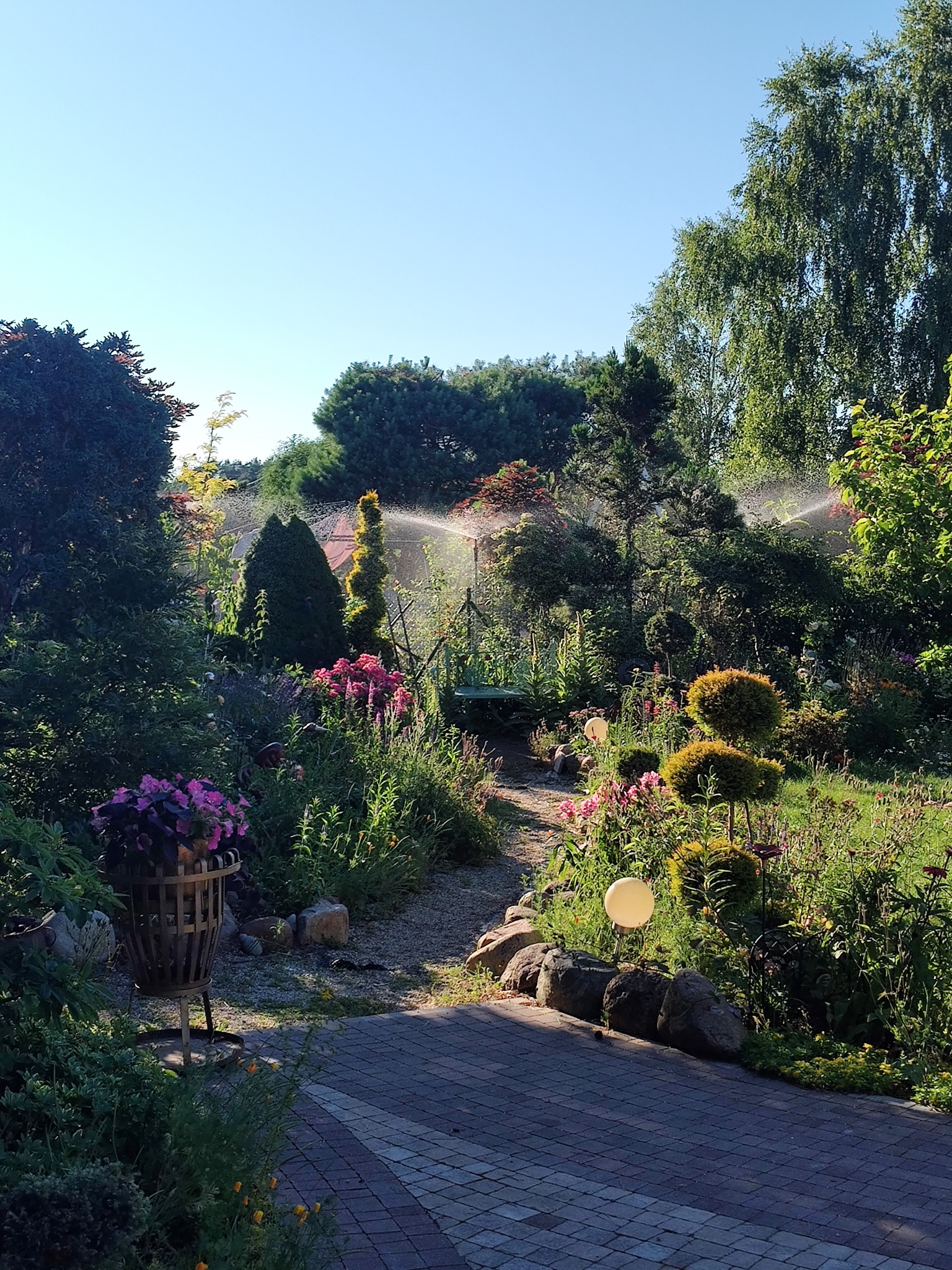Kaskadowy ogród z kwitnącymi rabatami i ścieżką z kostki, zraszany przez system nawadniania. Dekoracyjne lampy kuliste i formowane krzewy dodają uroku.