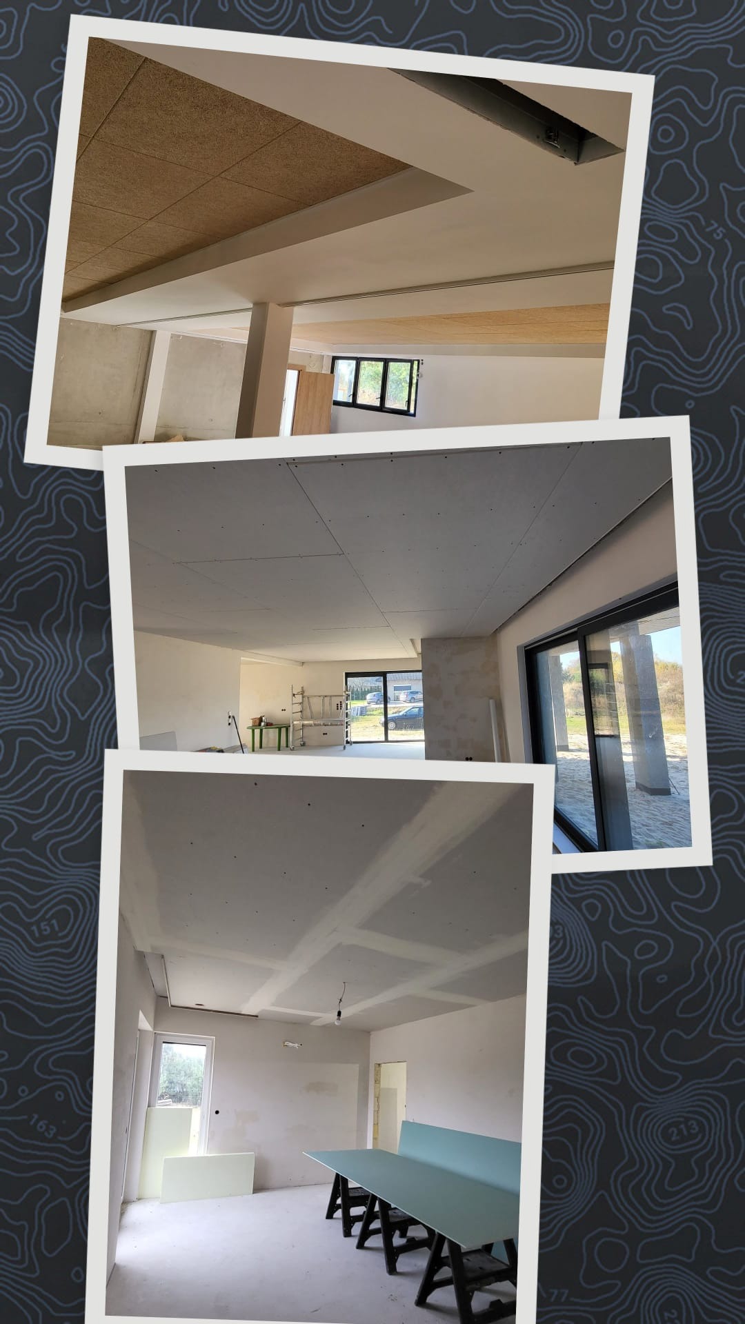 Trzy kadry z remontu wnętrza: sufit z płyt karton-gips, szpachlowane łączenia, widoczne płyty na kozłach. Jasne pomieszczenia w trakcie prac wykończeniowych.