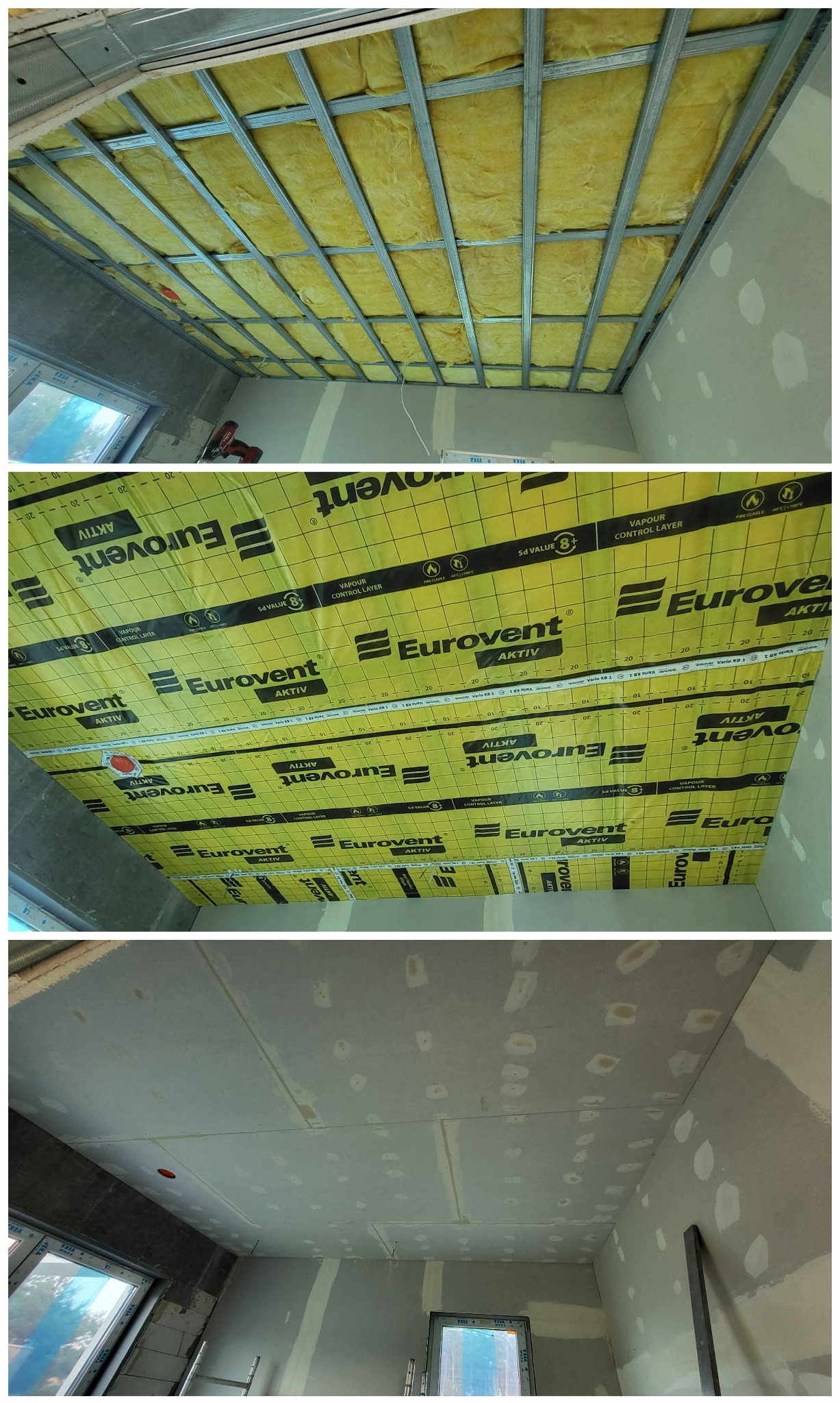 Montaż sufitu podwieszanego: izolacja wełną mineralną, folia paroizolacyjna Eurovent i konstrukcja metalowa przed montażem płyt. Widok z dołu.