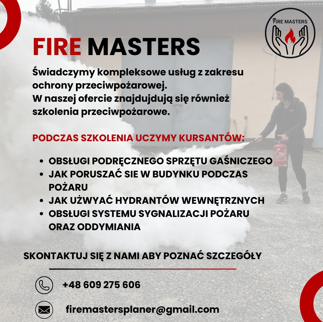 Plakat reklamowy firmy Fire Masters oferującej szkolenia przeciwpożarowe, z kobietą demonstrującą użycie gaśnicy w tle.