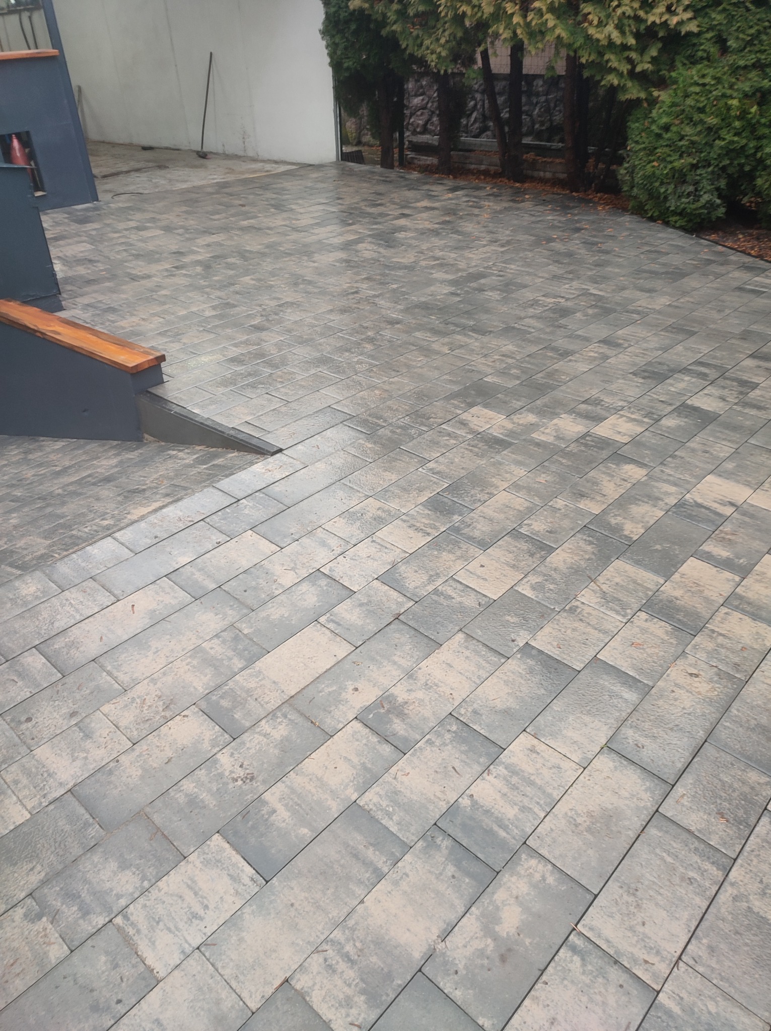 Ułożona kostka brukowa w odcieniach szarości na podwórku, widoczne wejście do piwnicy z drewnianym obramowaniem i roślinność w tle.