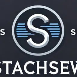 Logo firmy STACHSEW: srebrna litera 'S' w okręgu z niebieskimi poziomymi liniami, umieszczona na ciemnym tle.
