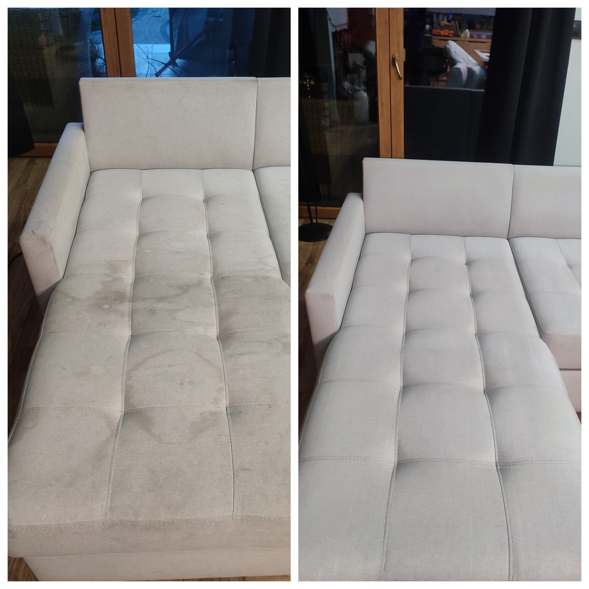 Beżowa sofa z tapicerką w kwadraty, po lewej stronie widoczne plamy i zabrudzenia, po prawej czysta tapicerka po zabiegu czyszczenia, na drewnianej podłodze.