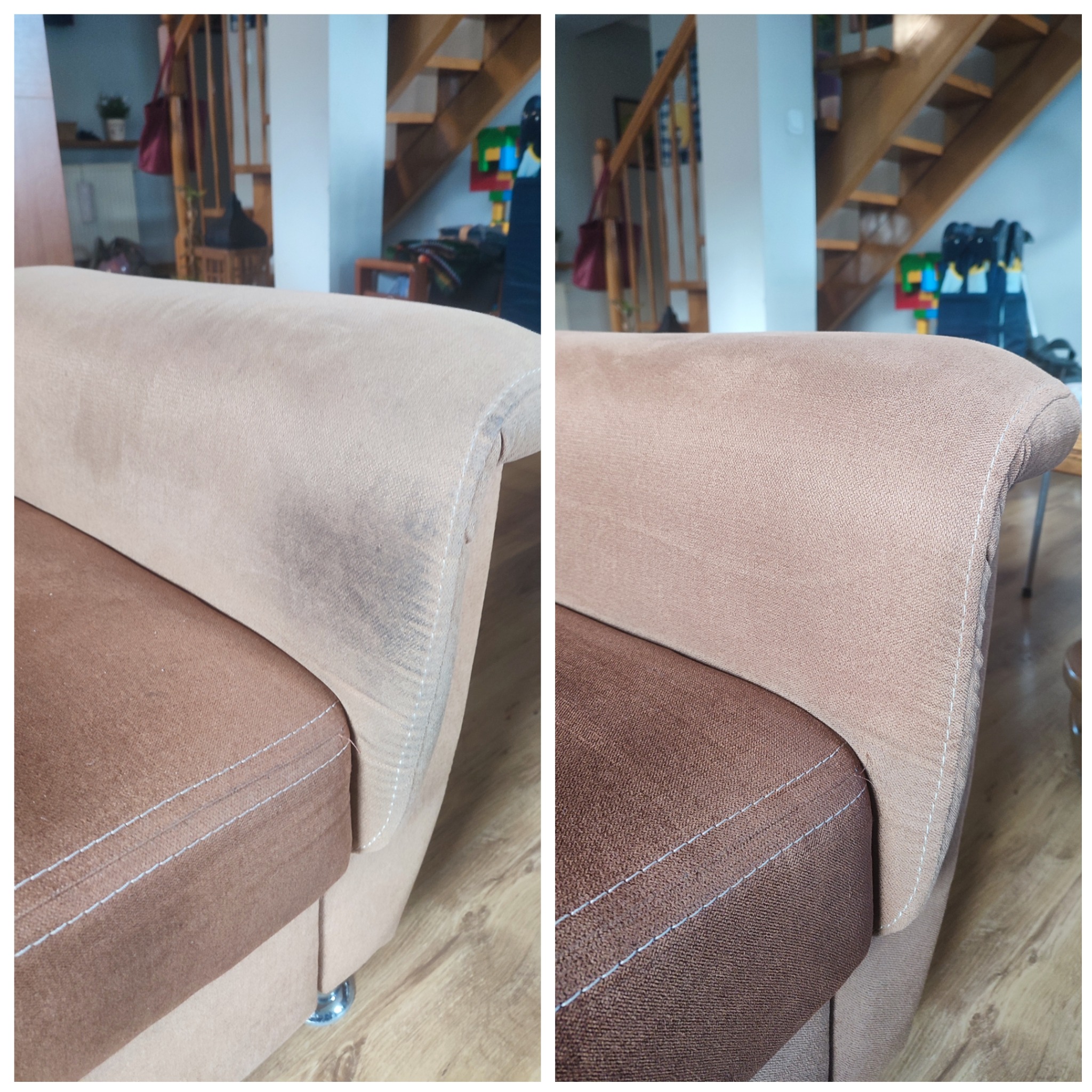 Porównanie fragmentu kanapy przed i po czyszczeniu, widoczne różnice w odcieniu i usunięcie zabrudzeń na beżowym obiciu, z drewnianymi schodami w tle.