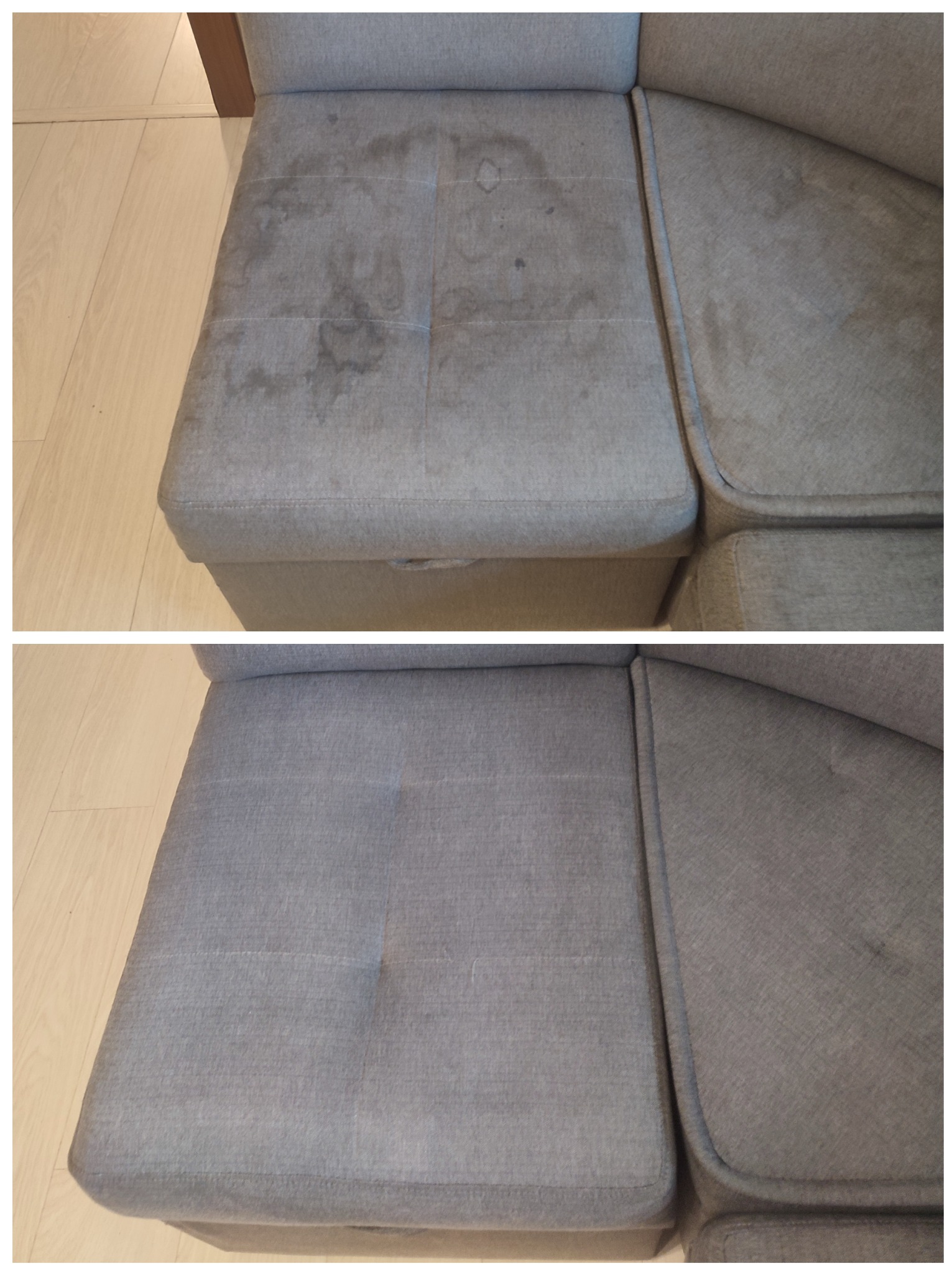 Dwa ujęcia tego samego fragmentu szarej, tapicerowanej sofy: górne pokazuje widoczne, ciemne plamy i zabrudzenia, dolne prezentuje ten sam obszar po wyczyszczeniu, bez śladów zabrudzeń.