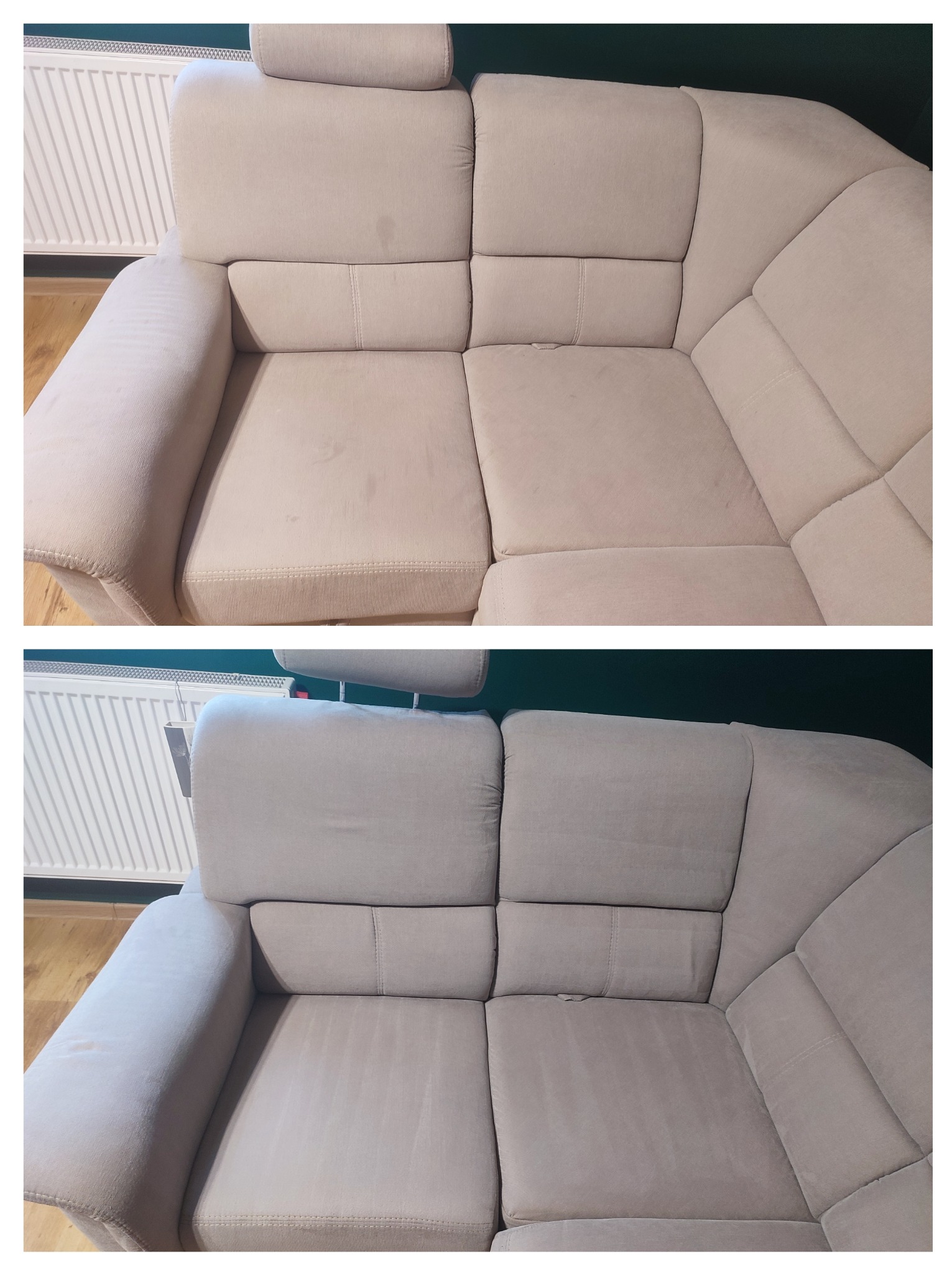Beżowa, modułowa kanapa narożna przed i po czyszczeniu, widoczne różnice w czystości tapicerki na obu częściach zdjęcia.