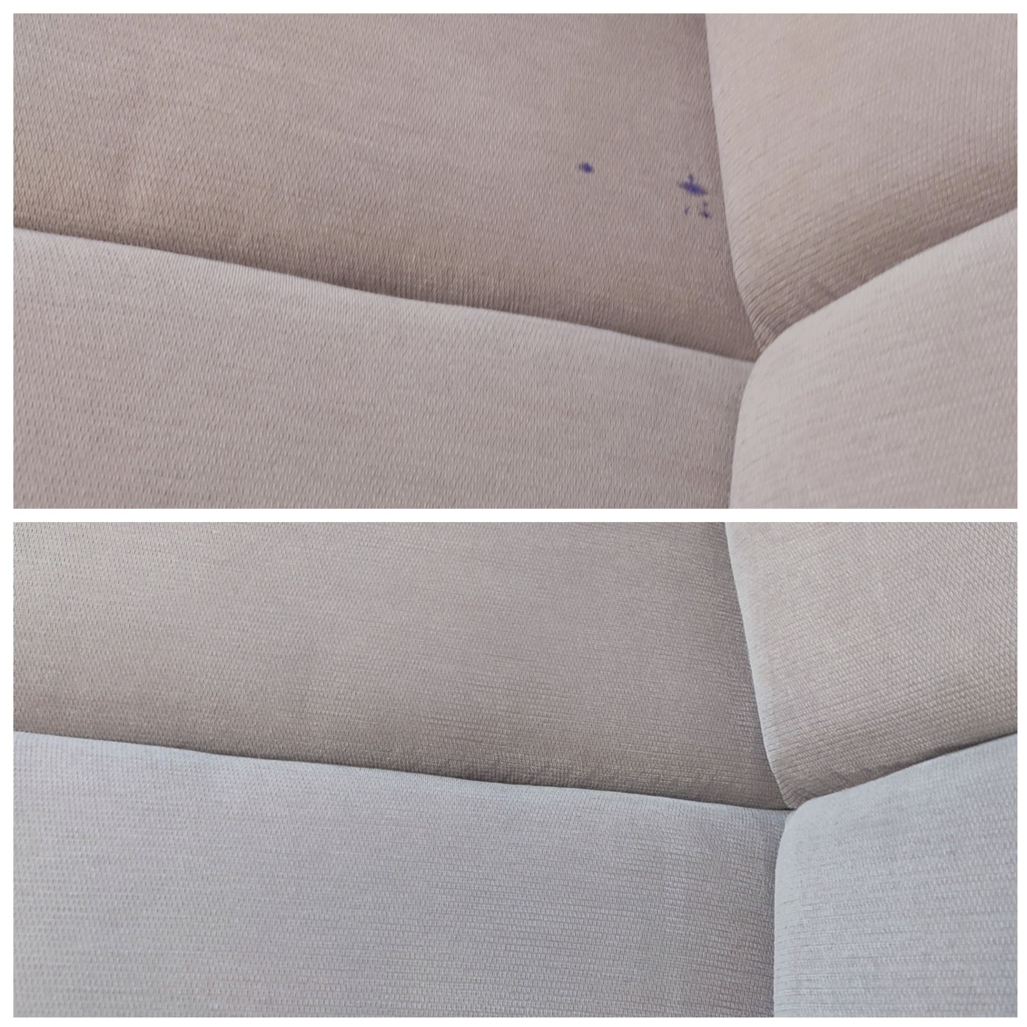 Tapicerka sofy z plamą przed i po czyszczeniu, widoczna różnica w odcieniu i usunięcie zabrudzenia.