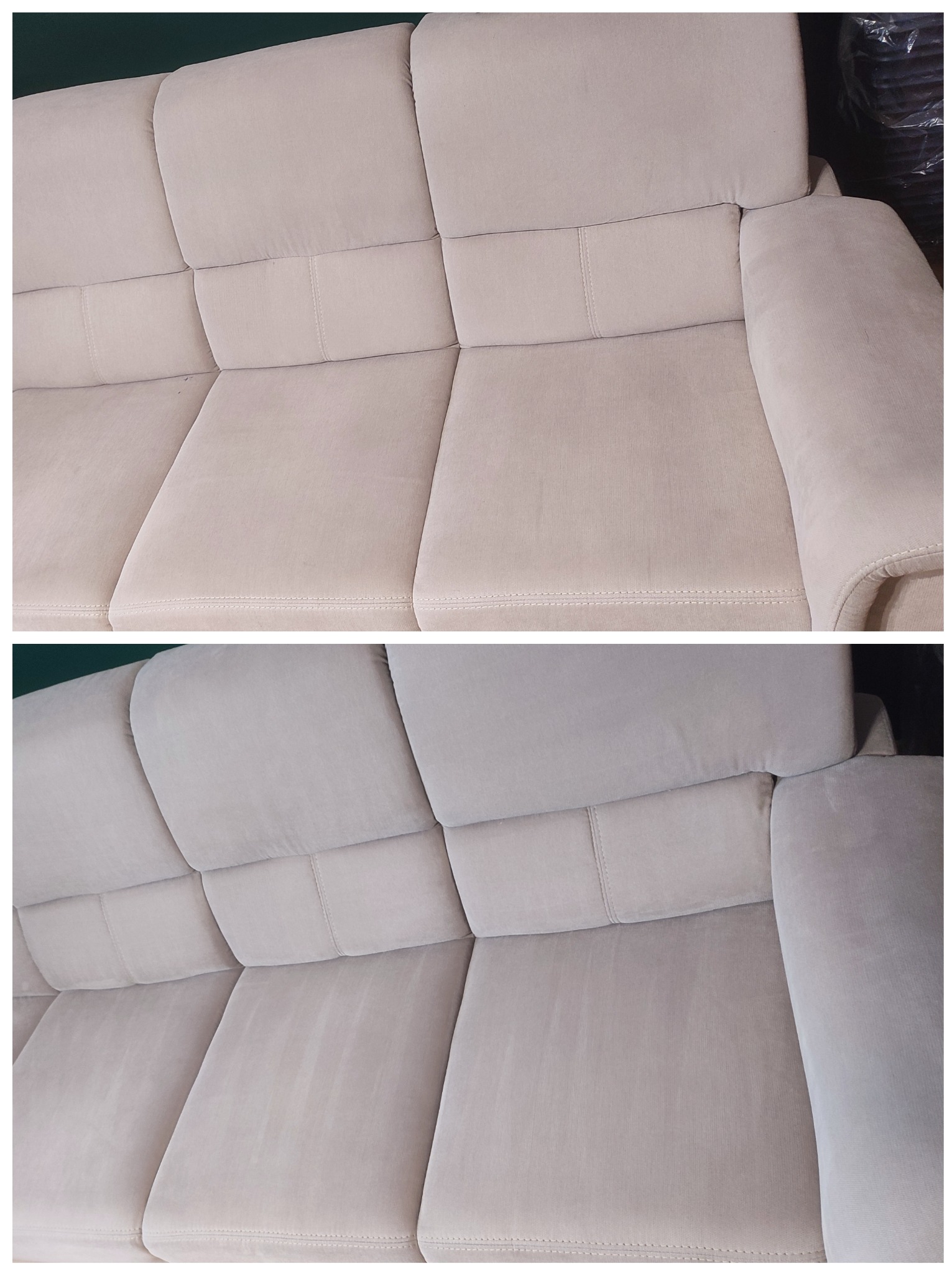 Beżowa kanapa modułowa z widoczną różnicą w czystości tapicerki przed i po praniu, z wyraźnym odświeżeniem koloru i usunięciem zabrudzeń.