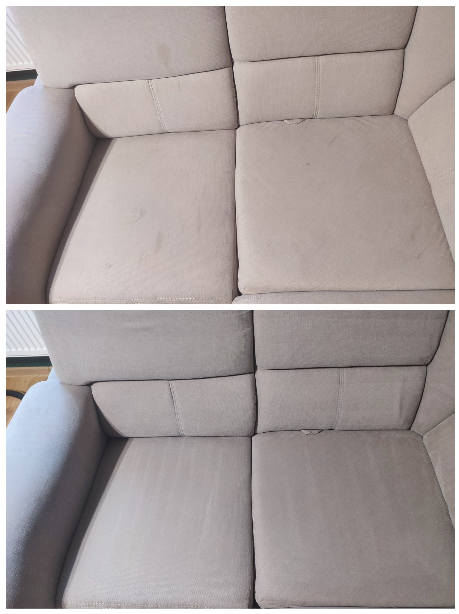 Dwu-segmentowa sofa w odcieniach beżu, prezentująca efekt czyszczenia tapicerki: górna część z widocznymi plamami i zabrudzeniami, dolna część po czyszczeniu, z odświeżonym kolorem i brakiem plam.