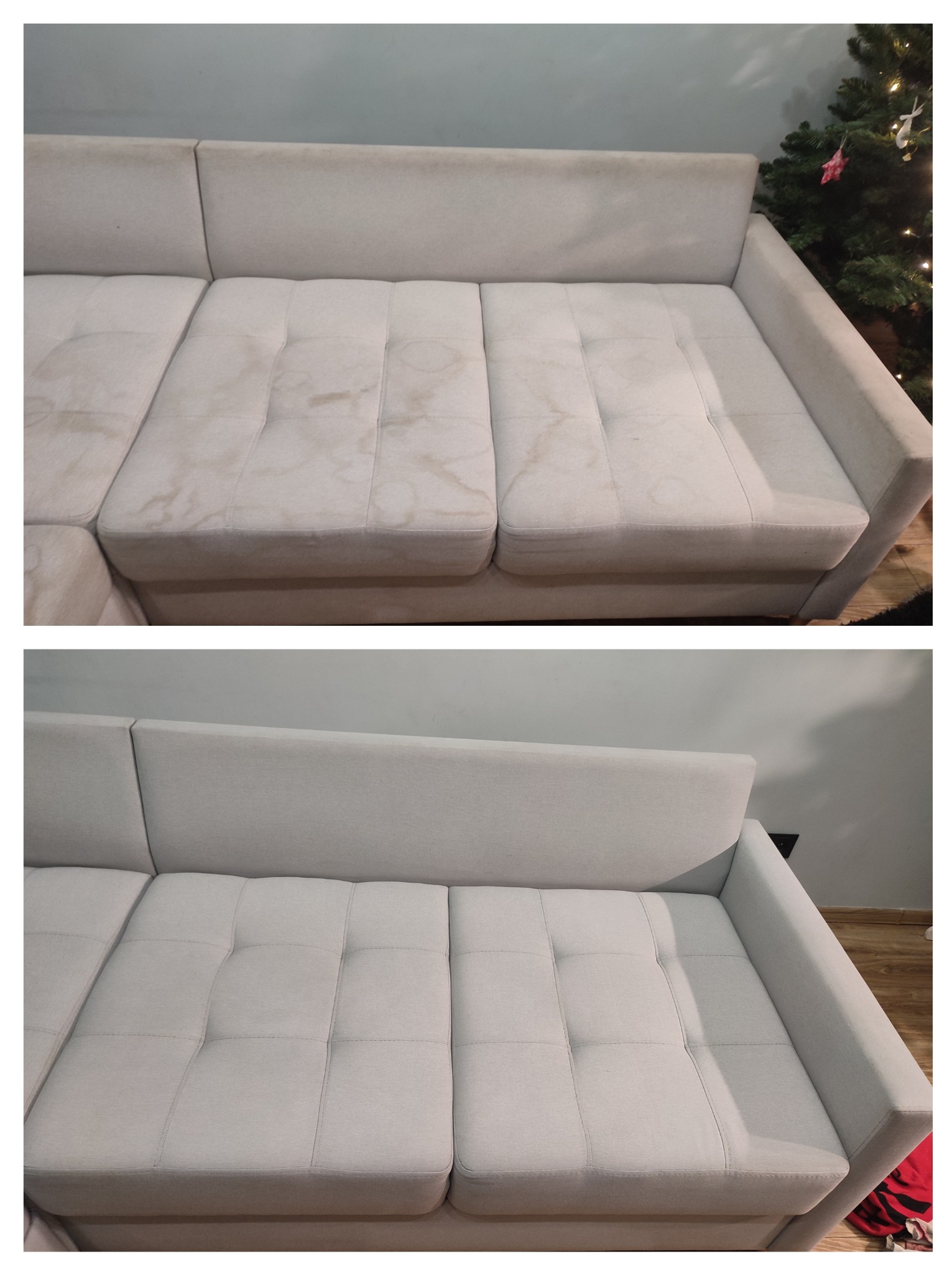 Dwuetapowe ujęcie narożnika tapicerowanego: widoczne plamy przed czyszczeniem i nieskazitelna czystość po zabiegu, z choinką w tle.