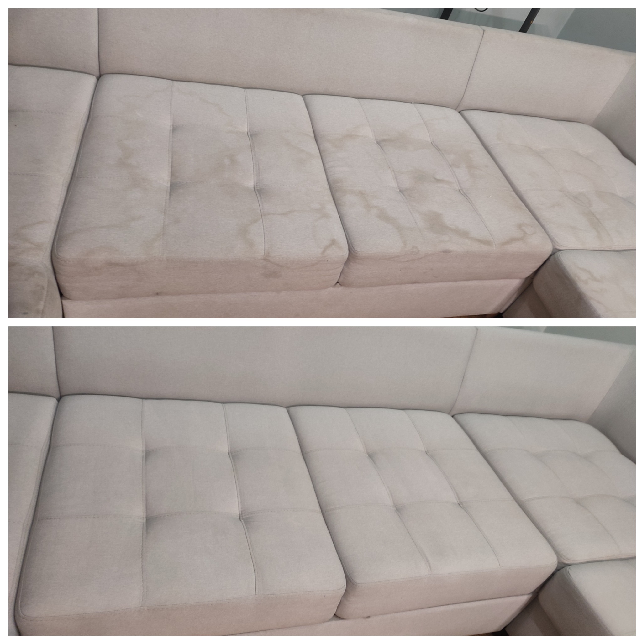 Porównanie stanu kanapy przed i po czyszczeniu: widoczne plamy i zabrudzenia na górnym zdjęciu, a na dolnym czysta, jasna tapicerka z regularnymi przeszyciami.