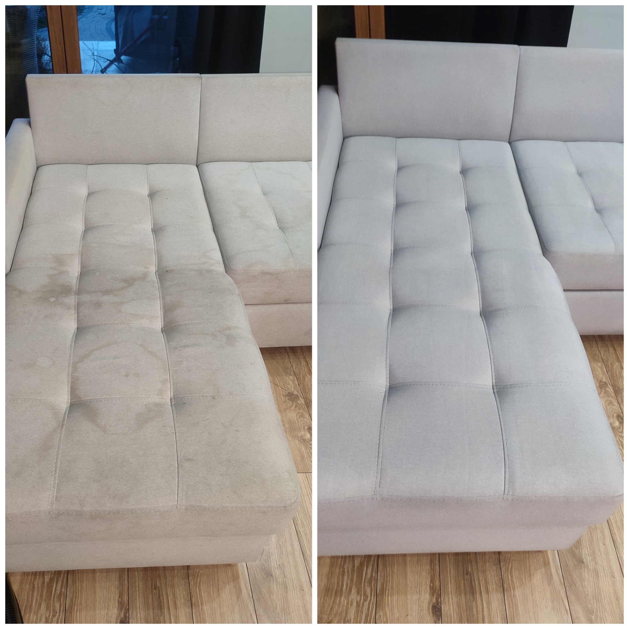 Porównanie stanu sofy modułowej przed i po czyszczeniu, widoczne wyraźne usunięcie plam i zabrudzeń z jasnej tapicerki.